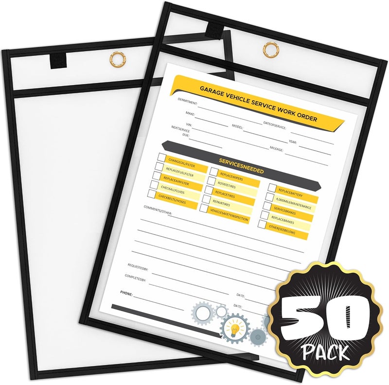 Scribbledo Job Ticket Holders 9x12 50 Pack Black Dry Erase Plastic Sleeves Heavy Duty Clear Sheet Protectors Waterproof and Tear-Resistant Pockets Ideal for Shop Tickets Work Orders and Classroom Use - Image 1